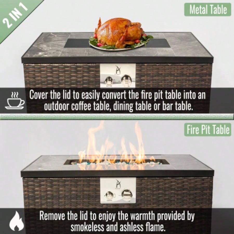 32 Propane Gas Fire Pit Table, 50000 BTU Rectangular Fire Pit, Tile Tabletop with Beautiful Wicker Base Outside Patio Deck Garden Courtyard - Brown