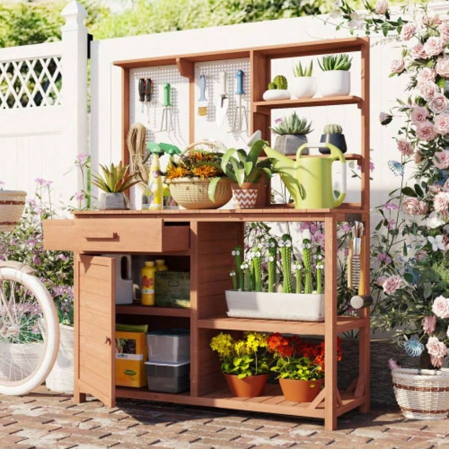 Assembly Video TOPMAX Fir Wood Potting with Hutch, Garden Workstation Planting, 4 Shelves Adjustable Storage, Pegboard with Hooks, 50.2Countertop, Drawer Cabinet, White