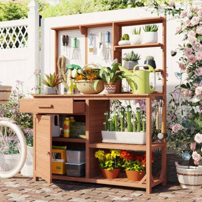 Assembly Video TOPMAX Fir Wood Potting with Hutch, Garden Workstation Planting, 4 Shelves Adjustable Storage, Pegboard with Hooks, 50.2Countertop, Drawer Cabinet, White