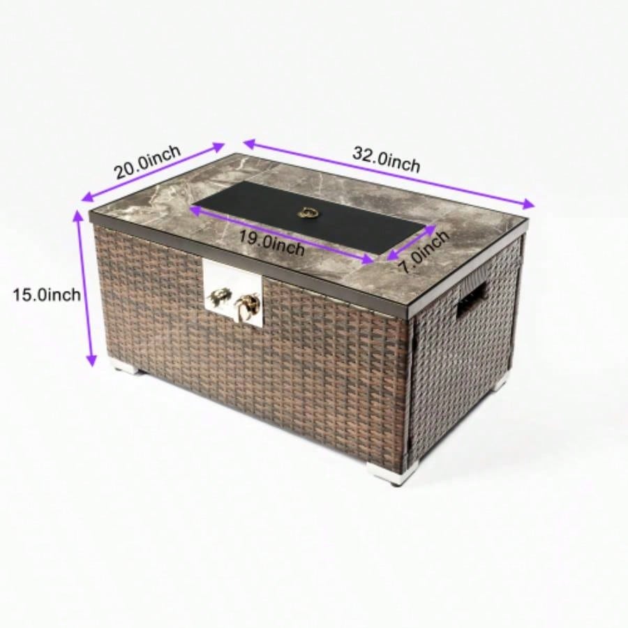 32 Propane Gas Fire Pit Table, 50000 BTU Rectangular Fire Pit, Tile Tabletop with Beautiful Wicker Base Outside Patio Deck Garden Courtyard - Brown