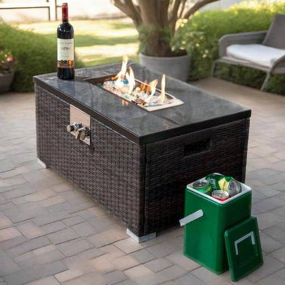 32 Propane Gas Fire Pit Table, 50000 BTU Rectangular Fire Pit, Tile Tabletop with Beautiful Wicker Base Outside Patio Deck Garden Courtyard - Brown