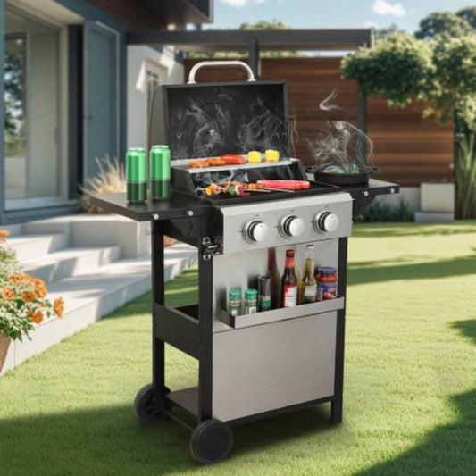3 - Propane Gas BBQ Grill, 25650BTU Output With Wire Enamel Cooking Grids Outdoor Barbecue, Foldable Side Table, Stainless Steel