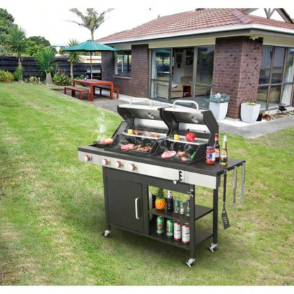 3 - Propane Gas BBQ Grill with Side, combined with charcoal grill, 37230BTU Output With Enameled Cast Iron Cooking Grids Outdoor Barbecue, Stainless Steel