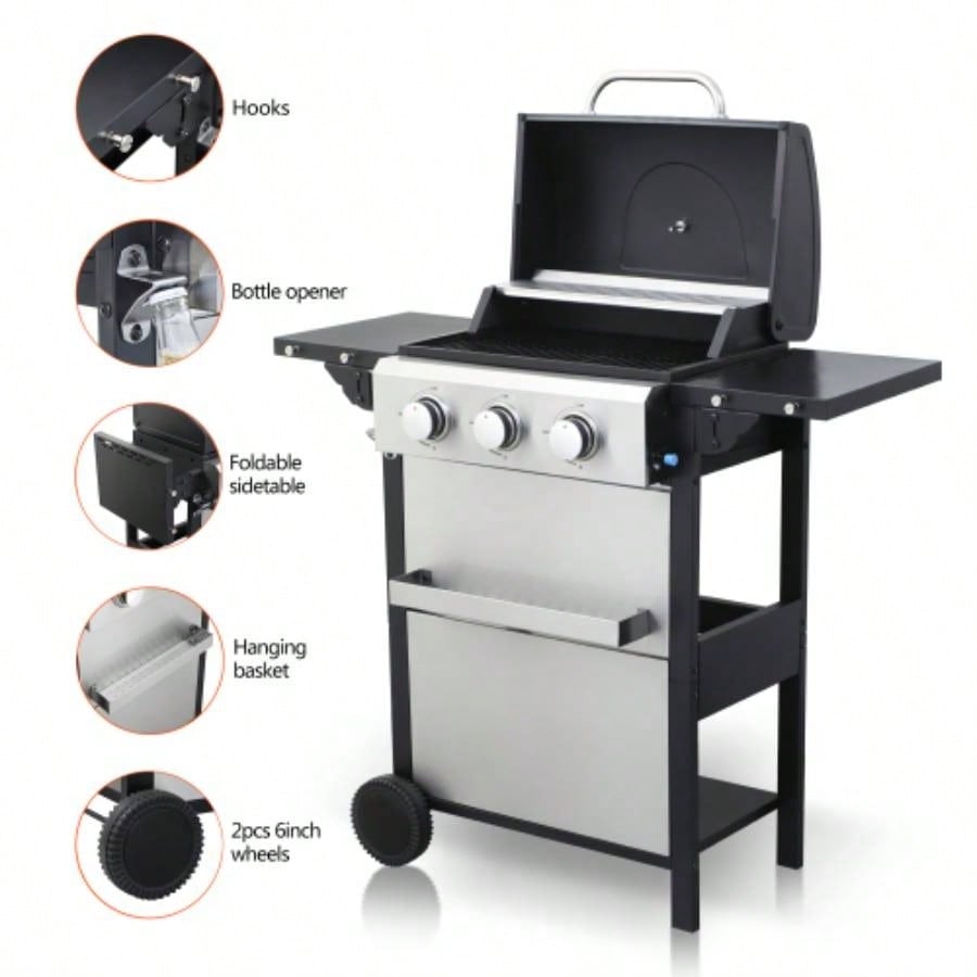 3 - Propane Gas BBQ Grill, 25650BTU Output With Wire Enamel Cooking Grids Outdoor Barbecue, Foldable Side Table, Stainless Steel