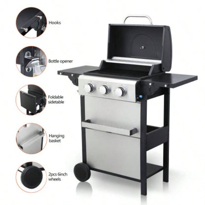 3 - Propane Gas BBQ Grill, 25650BTU Output With Wire Enamel Cooking Grids Outdoor Barbecue, Foldable Side Table, Stainless Steel