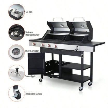 3 - Propane Gas BBQ Grill with Side, combined with charcoal grill, 37230BTU Output With Enameled Cast Iron Cooking Grids Outdoor Barbecue, Stainless Steel