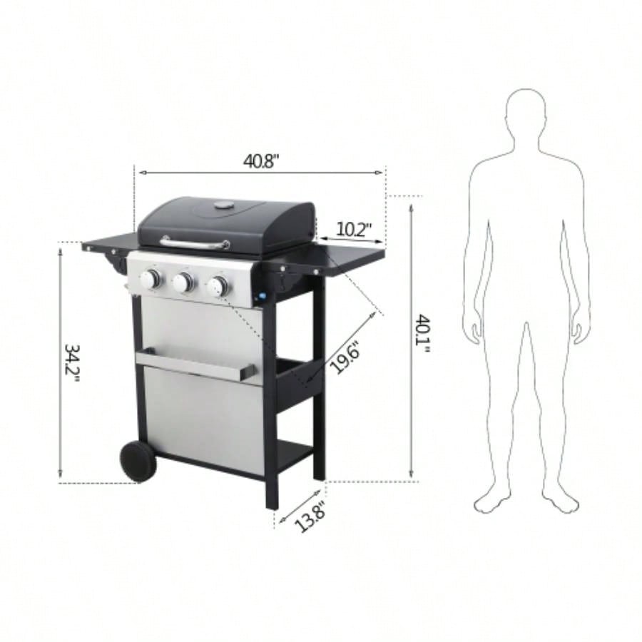 3 - Propane Gas BBQ Grill, 25650BTU Output With Wire Enamel Cooking Grids Outdoor Barbecue, Foldable Side Table, Stainless Steel