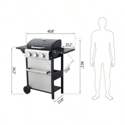 3 - Propane Gas BBQ Grill, 25650BTU Output With Wire Enamel Cooking Grids Outdoor Barbecue, Foldable Side Table, Stainless Steel