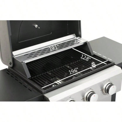 3 - Propane Gas BBQ Grill, 25650BTU Output With Wire Enamel Cooking Grids Outdoor Barbecue, Foldable Side Table, Stainless Steel