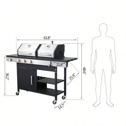 3 - Propane Gas BBQ Grill with Side, combined with charcoal grill, 37230BTU Output With Enameled Cast Iron Cooking Grids Outdoor Barbecue, Stainless Steel