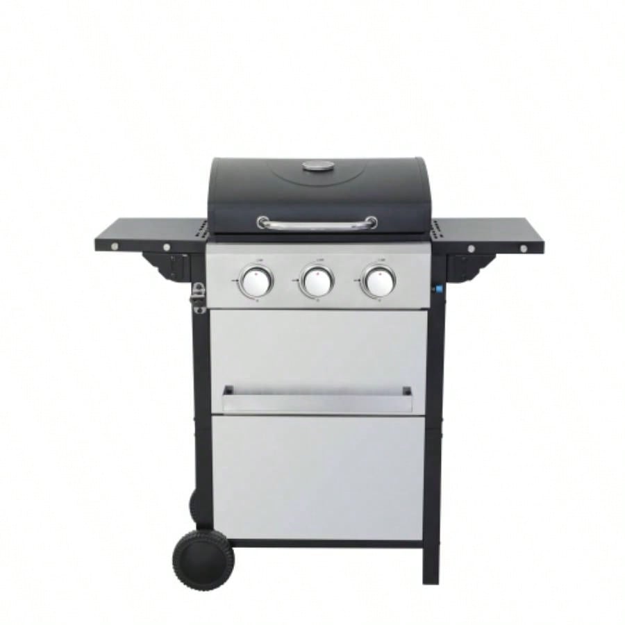 3 - Propane Gas BBQ Grill, 25650BTU Output With Wire Enamel Cooking Grids Outdoor Barbecue, Foldable Side Table, Stainless Steel