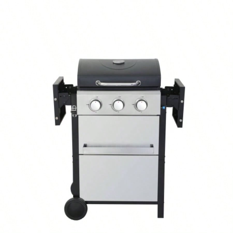 3 - Propane Gas BBQ Grill, 25650BTU Output With Wire Enamel Cooking Grids Outdoor Barbecue, Foldable Side Table, Stainless Steel