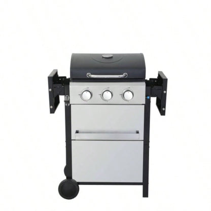 3 - Propane Gas BBQ Grill, 25650BTU Output With Wire Enamel Cooking Grids Outdoor Barbecue, Foldable Side Table, Stainless Steel