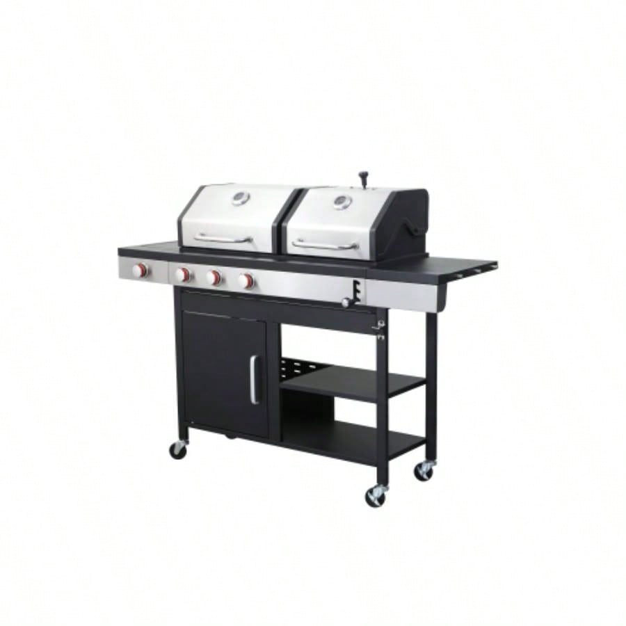 3 - Propane Gas BBQ Grill with Side, combined with charcoal grill, 37230BTU Output With Enameled Cast Iron Cooking Grids Outdoor Barbecue, Stainless Steel