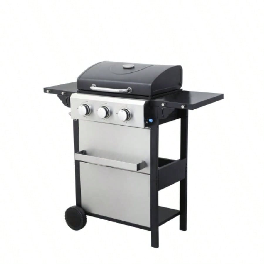 3 - Propane Gas BBQ Grill, 25650BTU Output With Wire Enamel Cooking Grids Outdoor Barbecue, Foldable Side Table, Stainless Steel