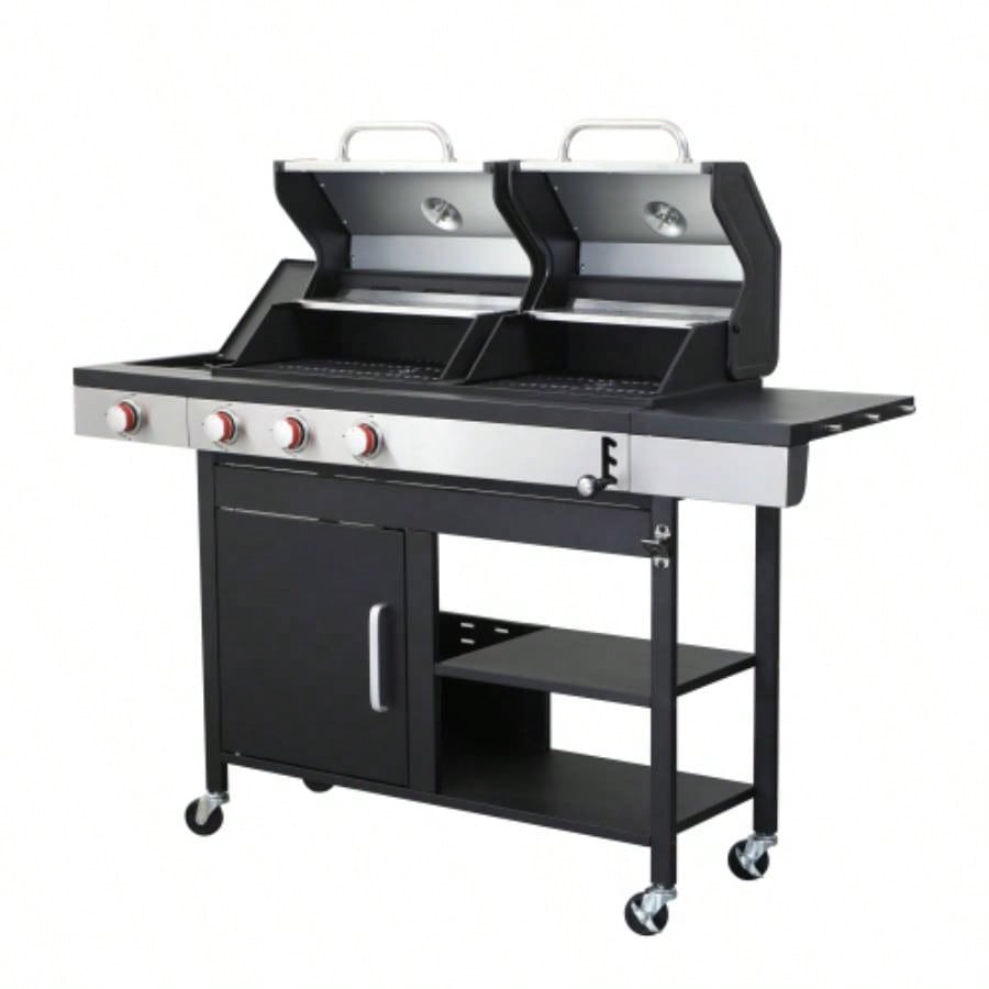 3 - Propane Gas BBQ Grill with Side, combined with charcoal grill, 37230BTU Output With Enameled Cast Iron Cooking Grids Outdoor Barbecue, Stainless Steel