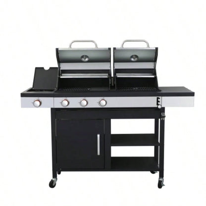 3 - Propane Gas BBQ Grill with Side, combined with charcoal grill, 37230BTU Output With Enameled Cast Iron Cooking Grids Outdoor Barbecue, Stainless Steel