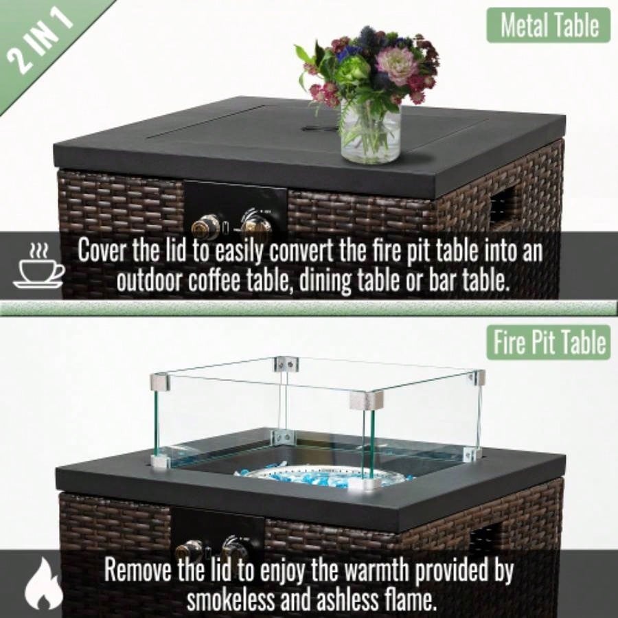 22 Propane Gas Fire Pit Table, 40000 BTU Square Steel Fire Pit with Beautiful Wicker Base Outside Patio Deck Garden Backyard - Black