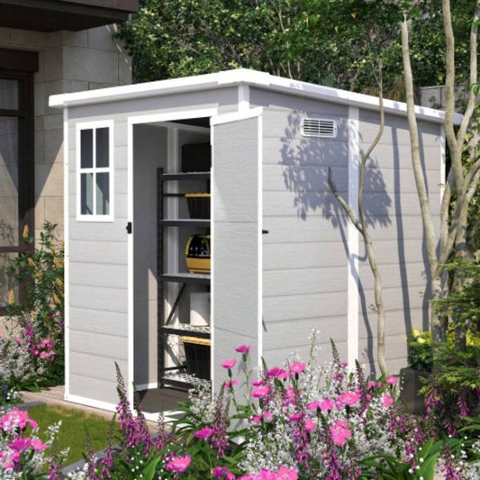 6x6 FT Storage Shed, Waterproof Resin Outdoor Storage Shed with Floor Window Lockable Doors and Vents, Shed Bike, Garden, Backyard, Lawn, All Weather Use, Light