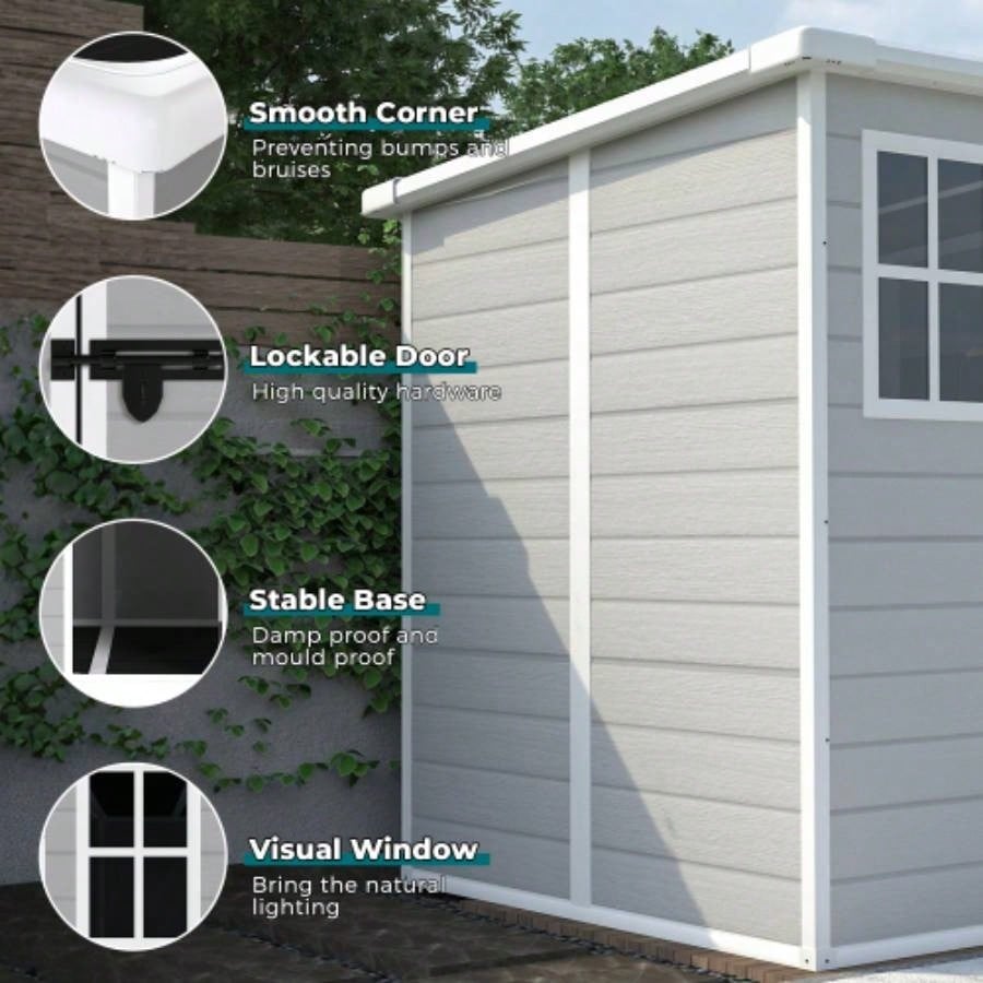 6x6 FT Storage Shed, Waterproof Resin Outdoor Storage Shed with Floor Window Lockable Doors and Vents, Shed Bike, Garden, Backyard, Lawn, All Weather Use, Light