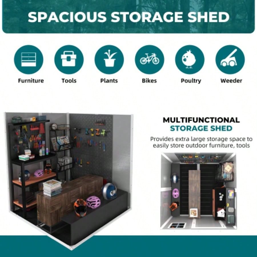 6x6 FT Storage Shed, Waterproof Resin Outdoor Storage Shed with Floor Window Lockable Doors and Vents, Shed Bike, Garden, Backyard, Lawn, All Weather Use, Light
