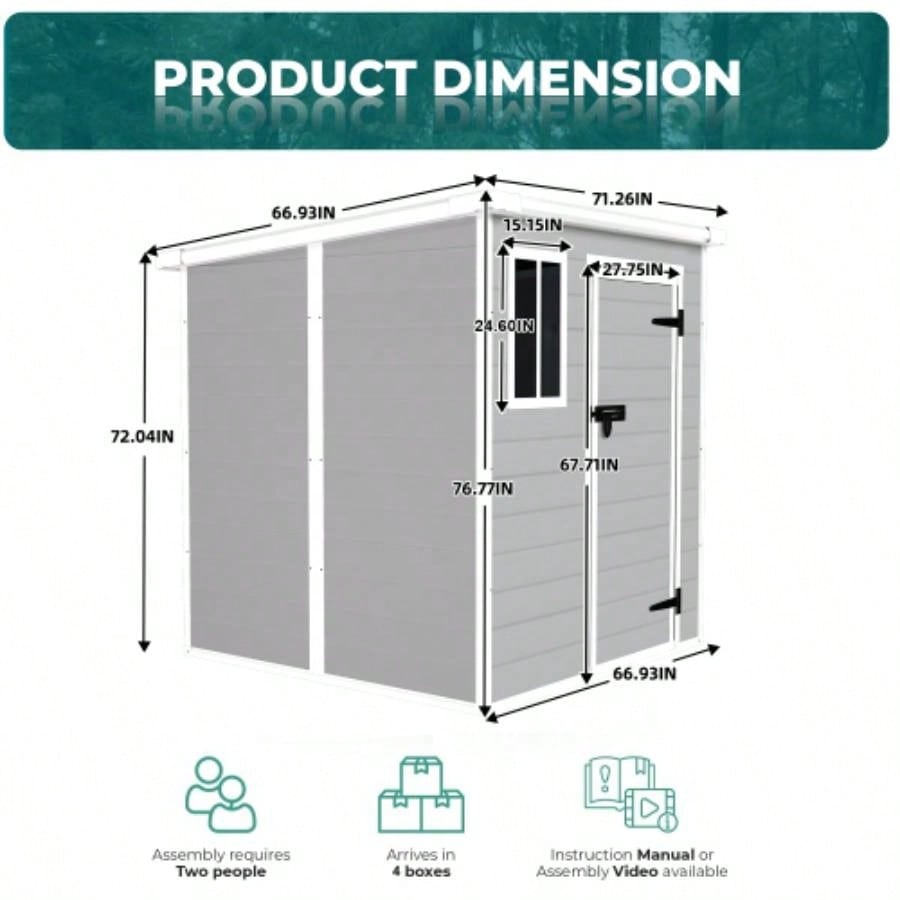 6x6 FT Storage Shed, Waterproof Resin Outdoor Storage Shed with Floor Window Lockable Doors and Vents, Shed Bike, Garden, Backyard, Lawn, All Weather Use, Light