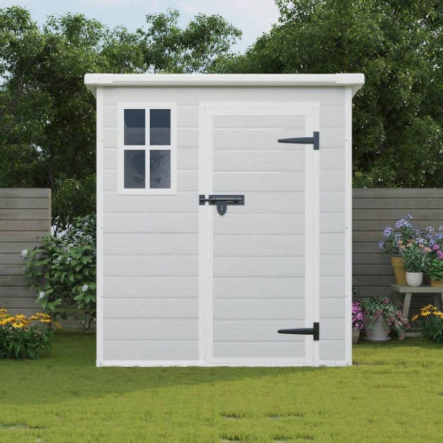6x6 FT Storage Shed, Waterproof Resin Outdoor Storage Shed with Floor Window Lockable Doors and Vents, Shed Bike, Garden, Backyard, Lawn, All Weather Use, Light