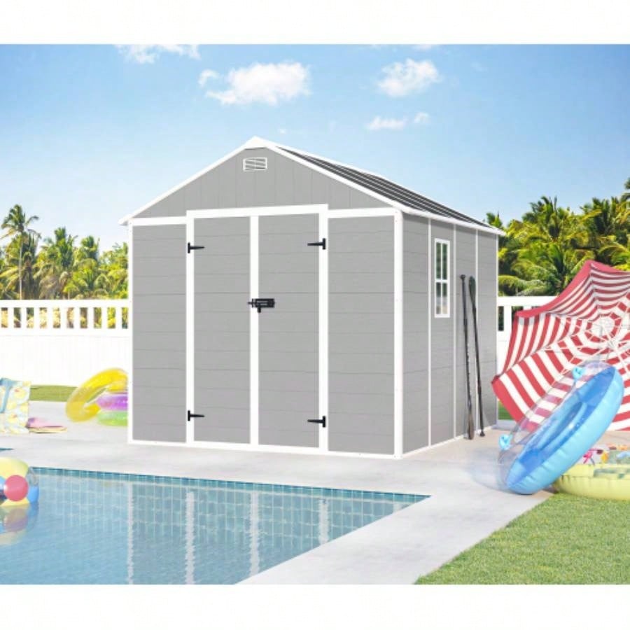 6x6 FT Storage Shed, Waterproof Resin Outdoor Storage Shed with Floor Window Lockable Doors and Vents, Shed Bike, Garden, Backyard, Lawn, All Weather Use, Light