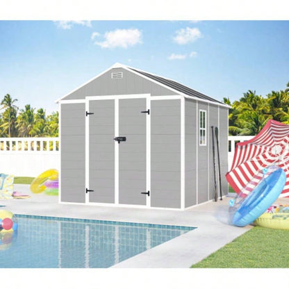 6x6 FT Storage Shed, Waterproof Resin Outdoor Storage Shed with Floor Window Lockable Doors and Vents, Shed Bike, Garden, Backyard, Lawn, All Weather Use, Light