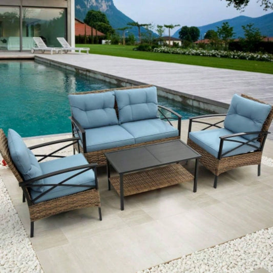 Patio 4 piece sectional low dining conversation sofa set - KD rattan wicker outdoor garden furniture corner sofa set with cushion.