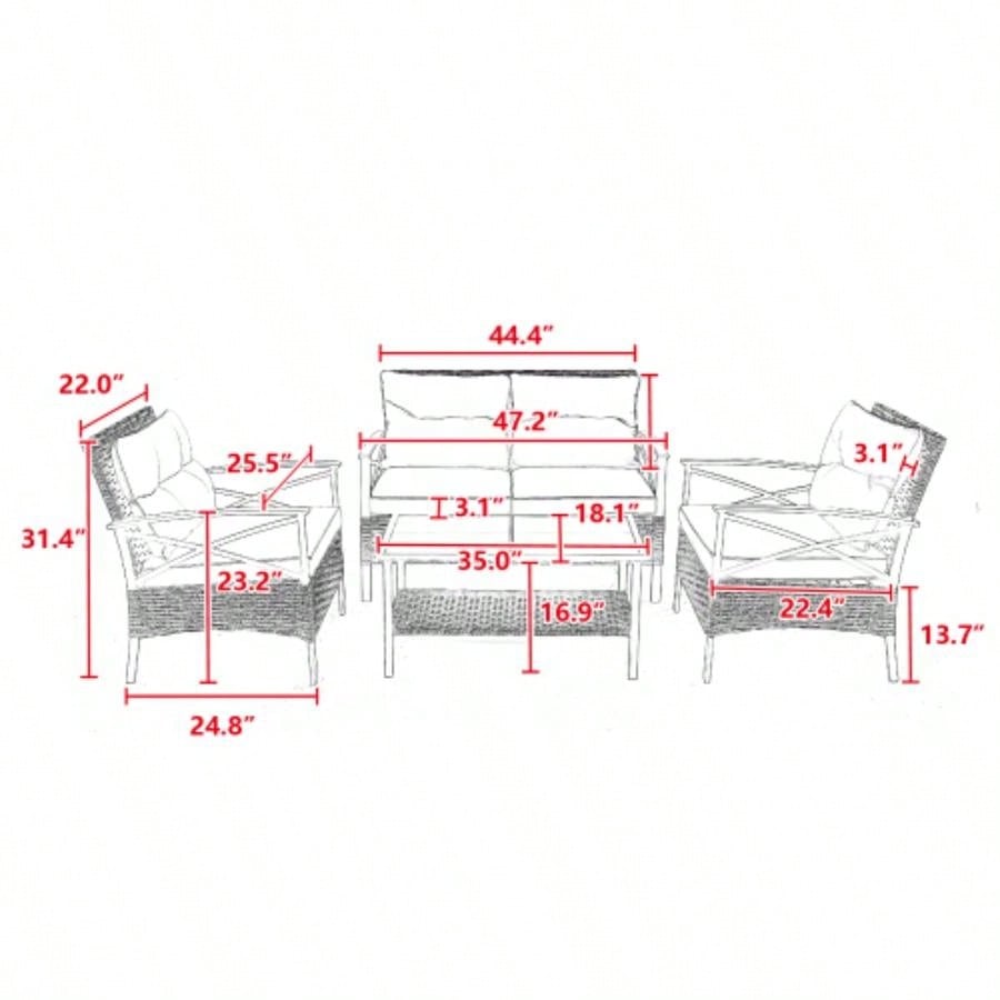 Patio 4 piece sectional low dining conversation sofa set - KD rattan wicker outdoor garden furniture corner sofa set with cushion.