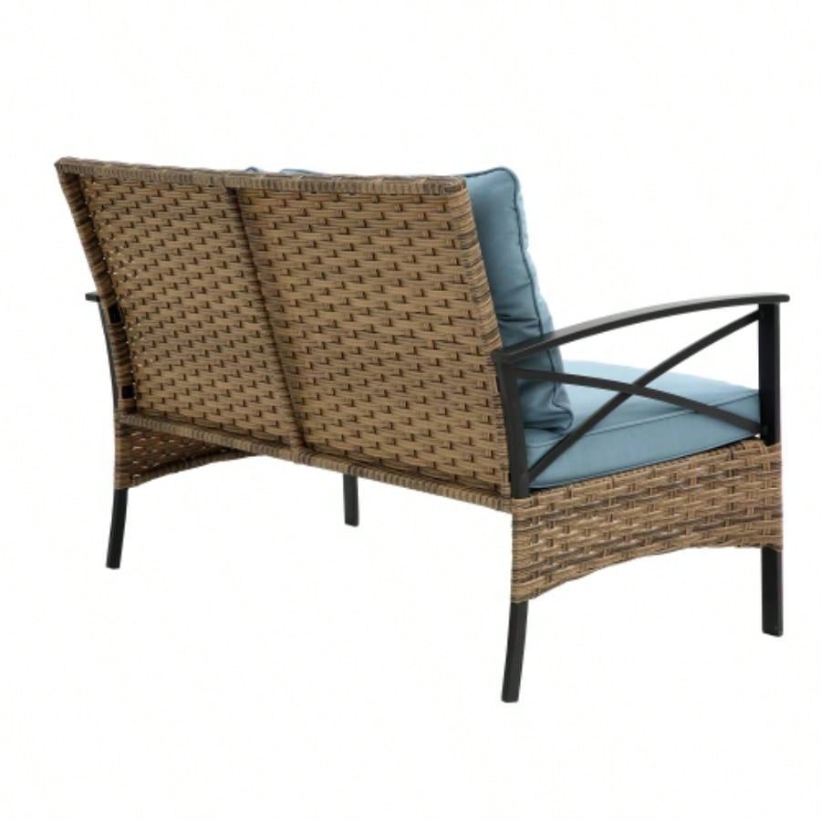 Patio 4 piece sectional low dining conversation sofa set - KD rattan wicker outdoor garden furniture corner sofa set with cushion.