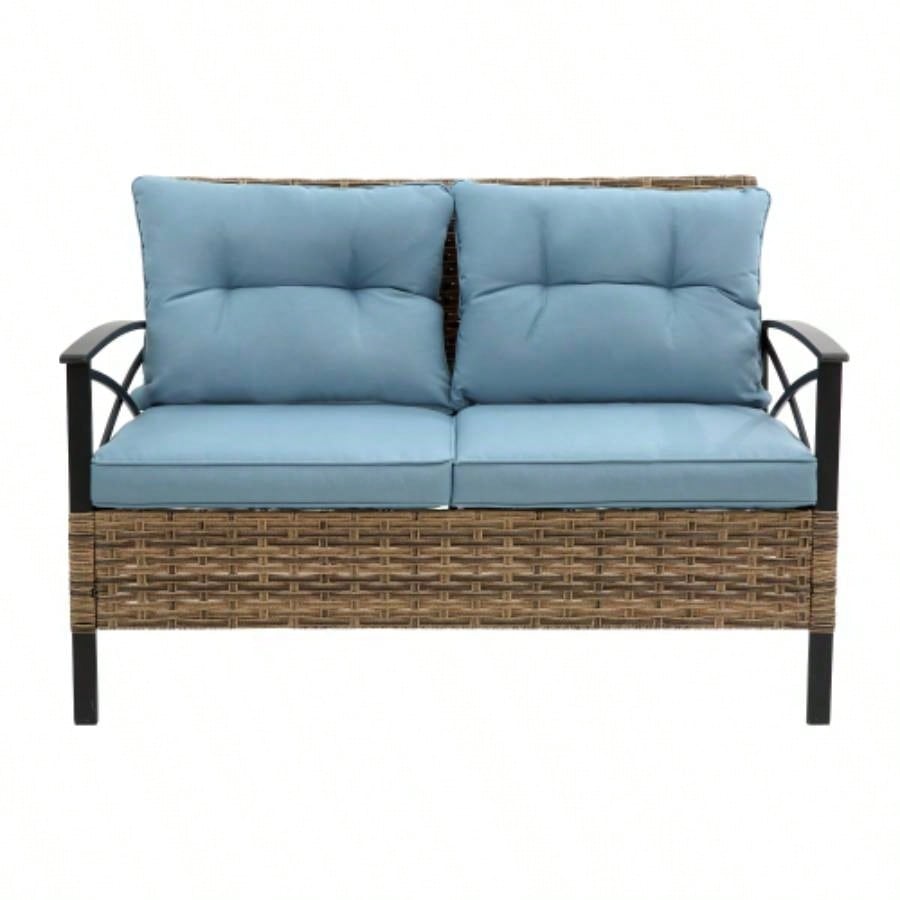 Patio 4 piece sectional low dining conversation sofa set - KD rattan wicker outdoor garden furniture corner sofa set with cushion.