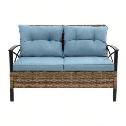 Patio 4 piece sectional low dining conversation sofa set - KD rattan wicker outdoor garden furniture corner sofa set with cushion.