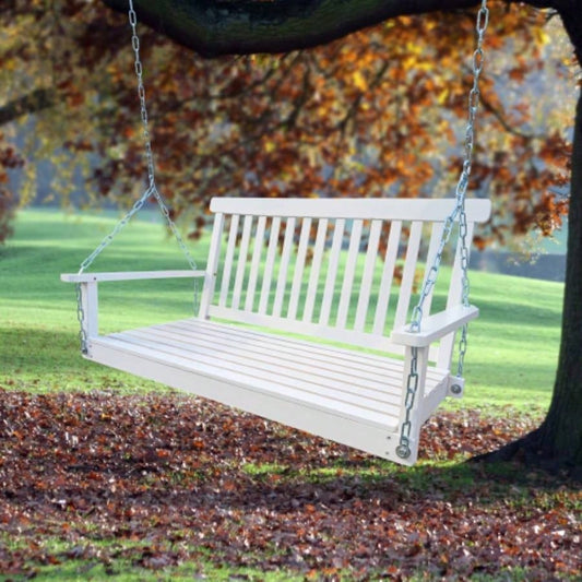 Front Porch Swing with Armrests, Wood Swing with Hanging Chains, Outdoor Patio, Garden Yard, porch, backyard, or sunroom, Easy to Assemble, white