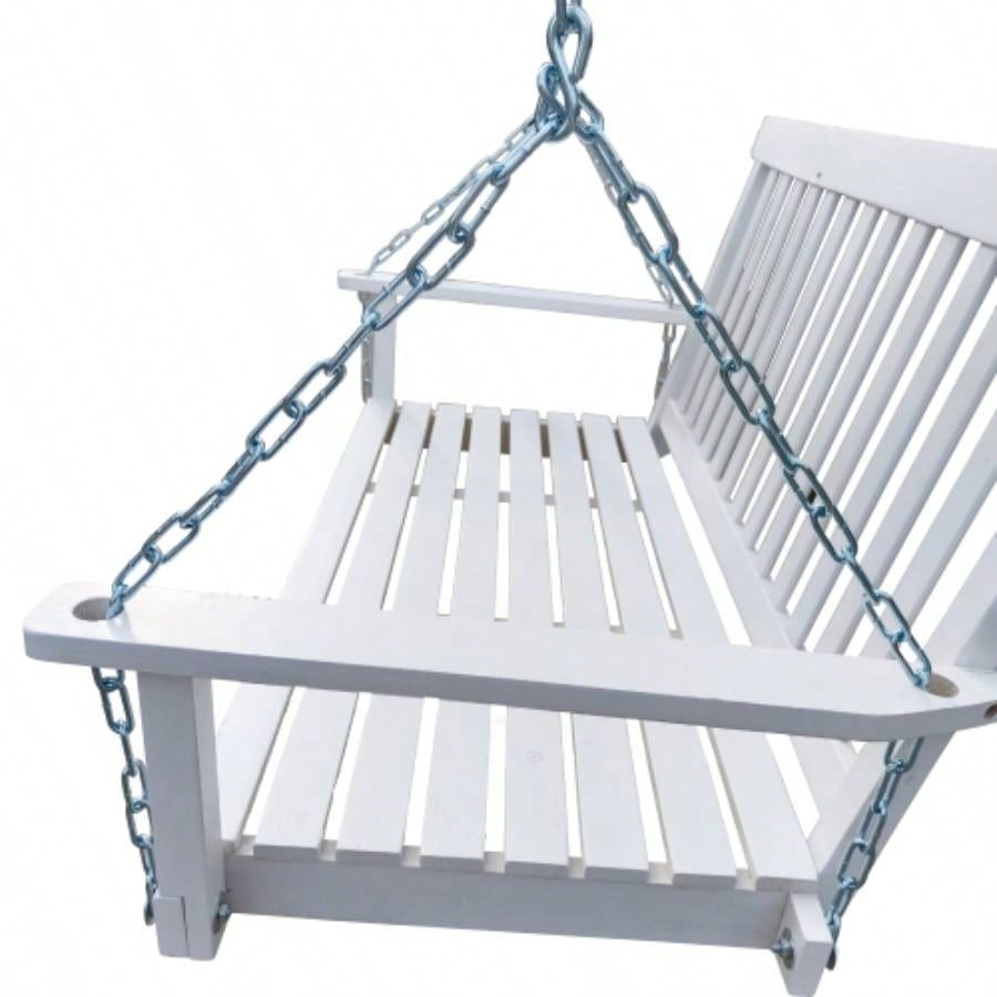 Front Porch Swing with Armrests, Wood Swing with Hanging Chains, Outdoor Patio, Garden Yard, porch, backyard, or sunroom, Easy to Assemble, white