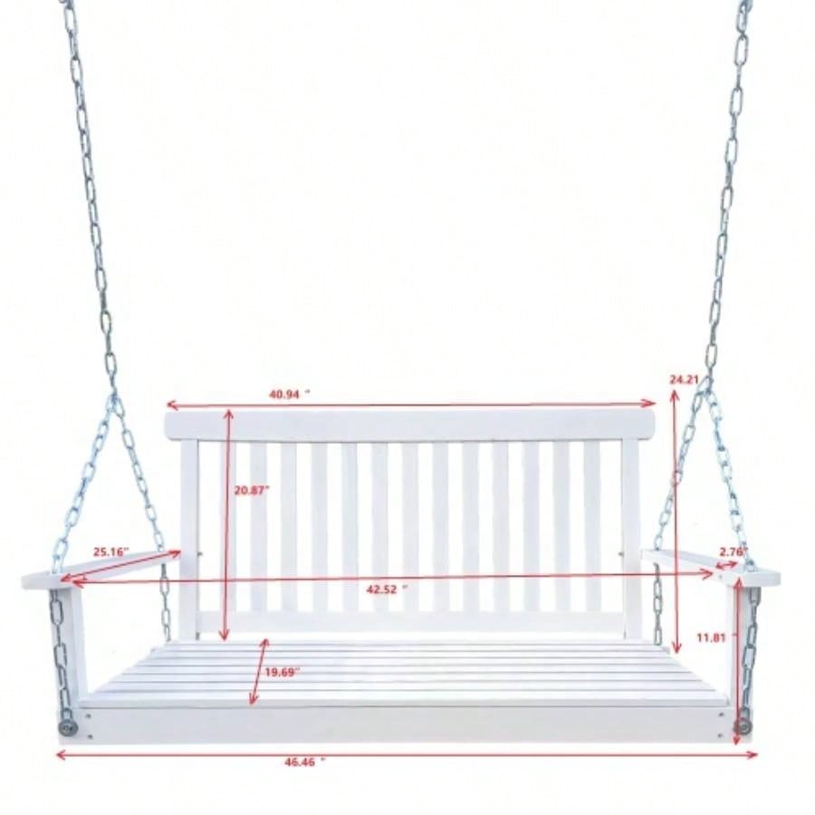 Front Porch Swing with Armrests, Wood Swing with Hanging Chains, Outdoor Patio, Garden Yard, porch, backyard, or sunroom, Easy to Assemble, white