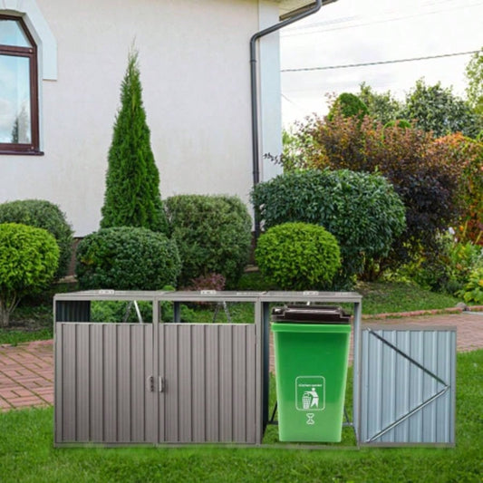 Garbage Bin Shed Stores 3 Trash Cans Metal Outdoor Bin Shed Garbage Storage, Stainless Galvanized Steel, Bin Shed Garden Yard Lawn,