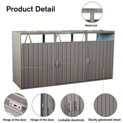 Garbage Bin Shed Stores 3 Trash Cans Metal Outdoor Bin Shed Garbage Storage, Stainless Galvanized Steel, Bin Shed Garden Yard Lawn,