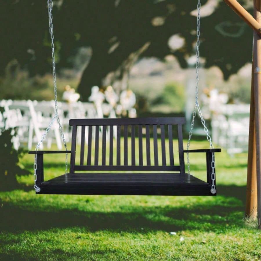 Front Porch Swing with Armrests, Wood Swing with Hanging Chains, Outdoor Patio, Garden Yard, porch, backyard, or sunroom, Easy to Assemble, white