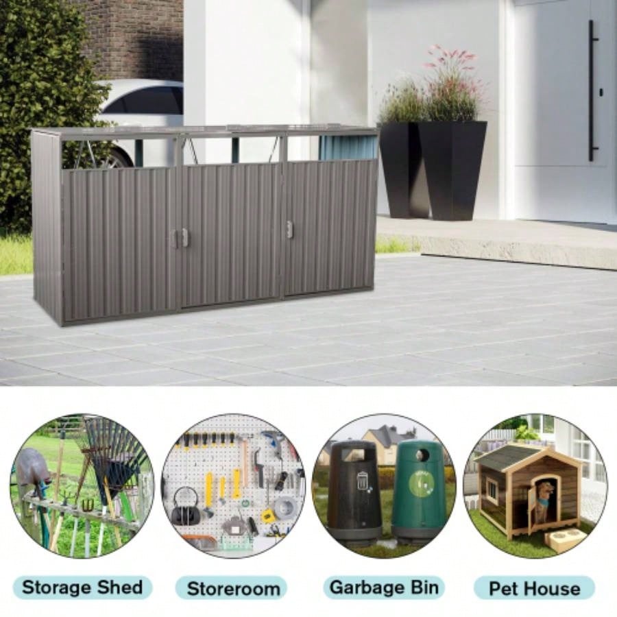 Garbage Bin Shed Stores 3 Trash Cans Metal Outdoor Bin Shed Garbage Storage, Stainless Galvanized Steel, Bin Shed Garden Yard Lawn,