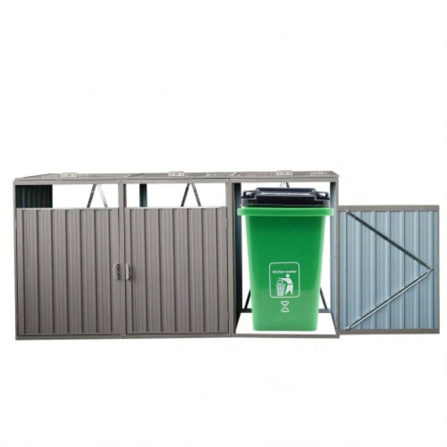 Garbage Bin Shed Stores 3 Trash Cans Metal Outdoor Bin Shed Garbage Storage, Stainless Galvanized Steel, Bin Shed Garden Yard Lawn,