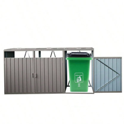 Garbage Bin Shed Stores 3 Trash Cans Metal Outdoor Bin Shed Garbage Storage, Stainless Galvanized Steel, Bin Shed Garden Yard Lawn,