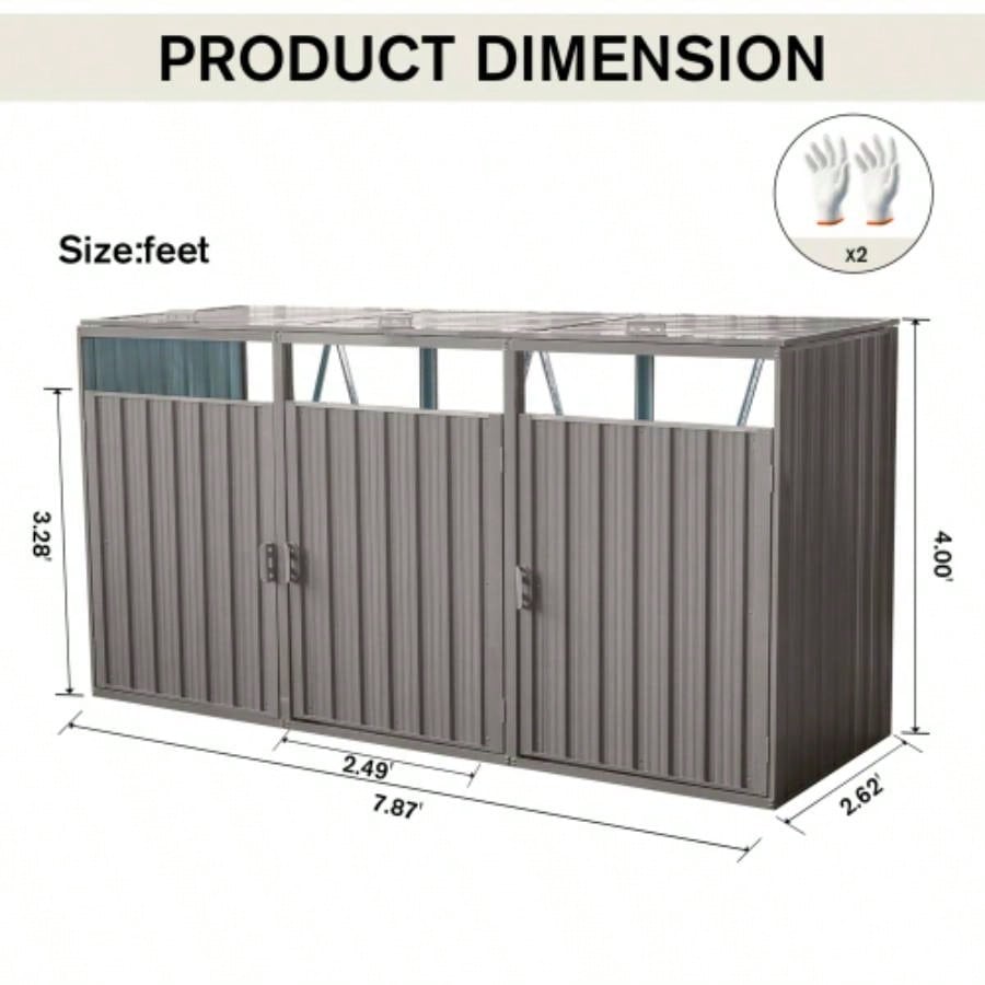 Garbage Bin Shed Stores 3 Trash Cans Metal Outdoor Bin Shed Garbage Storage, Stainless Galvanized Steel, Bin Shed Garden Yard Lawn,