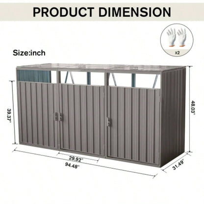 Garbage Bin Shed Stores 3 Trash Cans Metal Outdoor Bin Shed Garbage Storage, Stainless Galvanized Steel, Bin Shed Garden Yard Lawn,