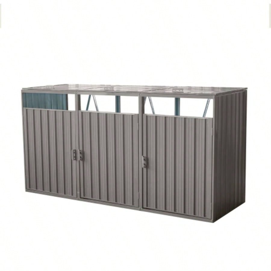 Garbage Bin Shed Stores 3 Trash Cans Metal Outdoor Bin Shed Garbage Storage, Stainless Galvanized Steel, Bin Shed Garden Yard Lawn,
