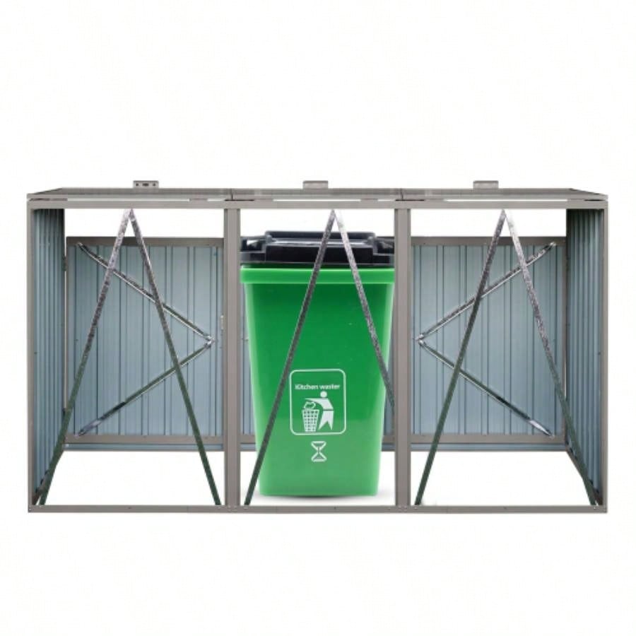 Garbage Bin Shed Stores 3 Trash Cans Metal Outdoor Bin Shed Garbage Storage, Stainless Galvanized Steel, Bin Shed Garden Yard Lawn,