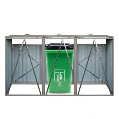 Garbage Bin Shed Stores 3 Trash Cans Metal Outdoor Bin Shed Garbage Storage, Stainless Galvanized Steel, Bin Shed Garden Yard Lawn,