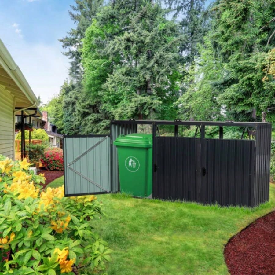 Garbage Bin Shed Stores 3 Trash Cans Metal Outdoor Bin Shed Garbage Storage, Stainless Galvanized Steel, Bin Shed Garden Yard Lawn,