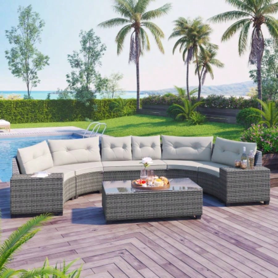 GO 8 - pieces Outdoor Wicker Round Sofa Set, Half - Moon Sectional Sets All Weather, Curved Sofa Set With Rectangular Coffee Table, PE Rattan - resistant and Protected, Movable Cushion, Beige